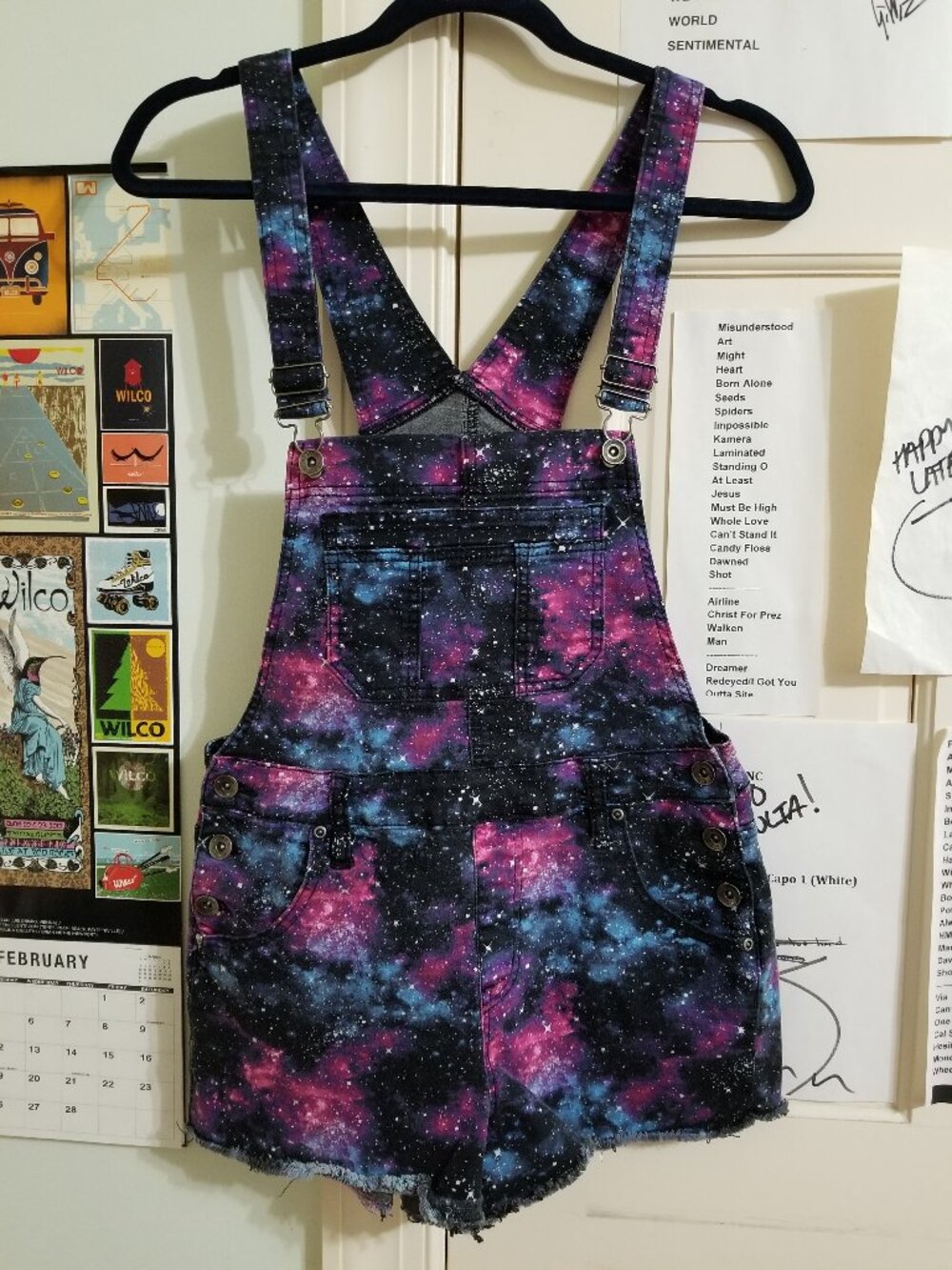 Hot Topic overalls Small galaxy space print denim shortalls stretch
